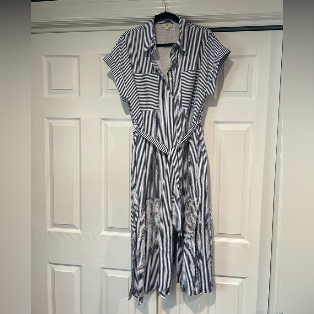entro Blue and White Striped Maxi Shirt Dress with Tie Waist